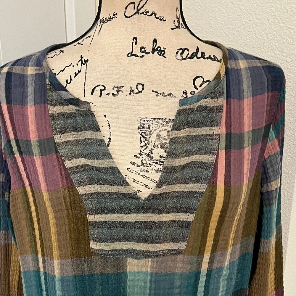 Soft Surroundings Multicolor Gauze Cotton Plaid V-Neck Top Boho Office Casual - Picture 3 of 13